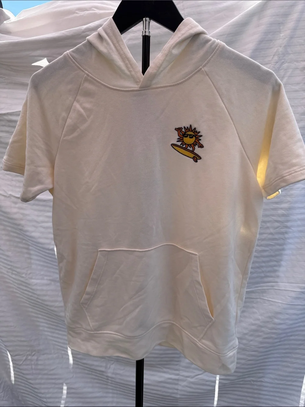 Cream Short Sleeve Hoodie with Surf Sun Patch